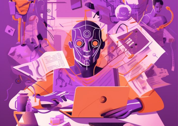 A collage illustration depicting content and AI working together