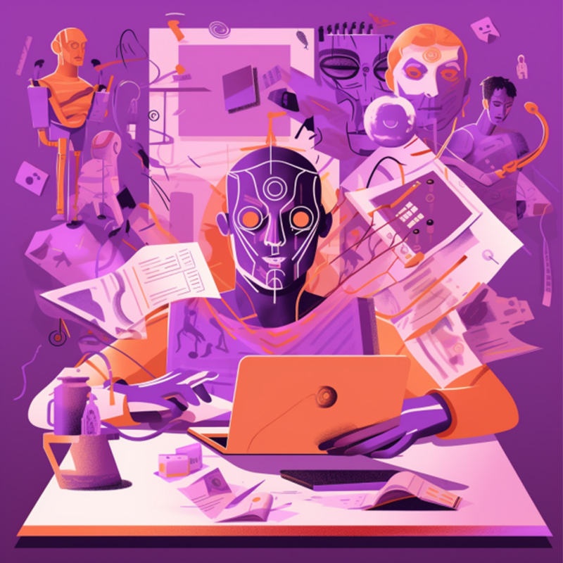 A collage illustration depicting content and AI working together