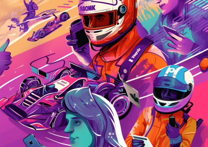 A collage illustration of a digital F1 community in purple hues