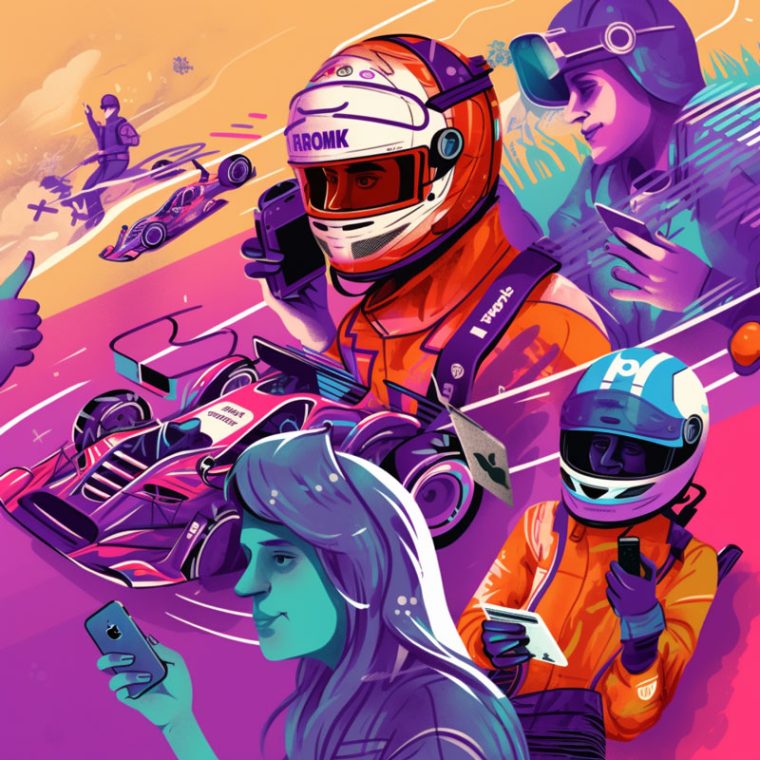 A collage illustration of a digital F1 community in purple hues