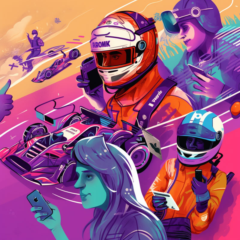 A collage illustration of a digital F1 community in purple hues