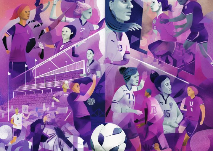A collage illustration of the story of women's football, with players, stadiums and fans, in purple hues