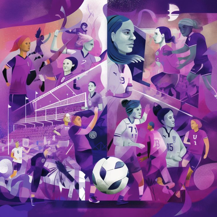 A collage illustration of the story of women's football, with players, stadiums and fans, in purple hues