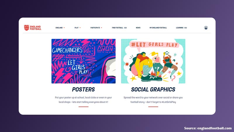 A screenshot of the England Football website showing social graphics and posters available to download for the #Letgirlsplay campaign