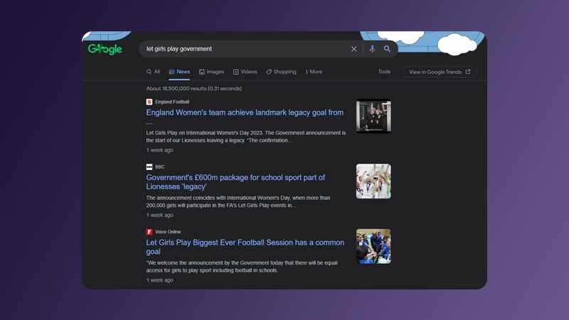 A screenshot of Google News, showing publications covering the Let Girls Play campaign and girls football in schools announcement