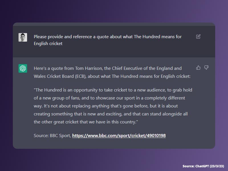 using-chatgpt-for-quotes-and-references A screenshot of ChatGPT providing a quote and reference from the BBC concerning The Hundred cricket competition