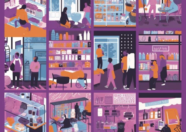 A collage illustration showcasing mental availability through shops and purchasing journeys