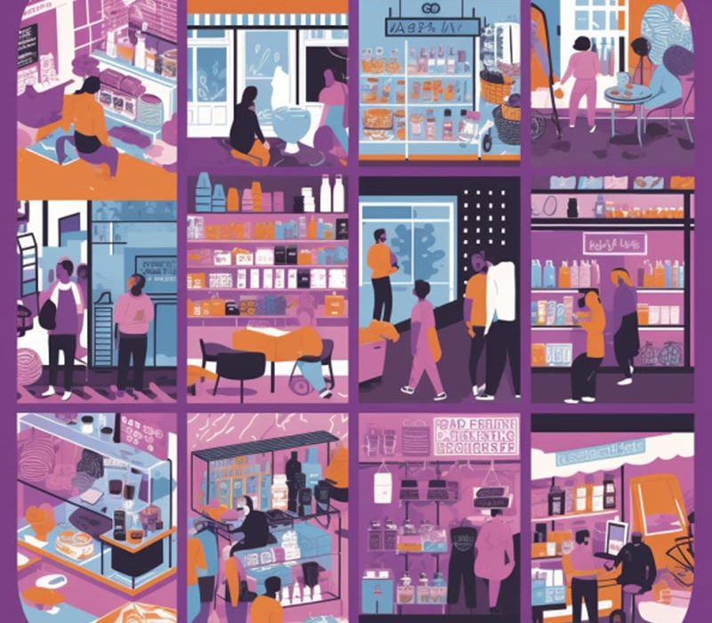 A collage illustration showcasing mental availability through shops and purchasing journeys