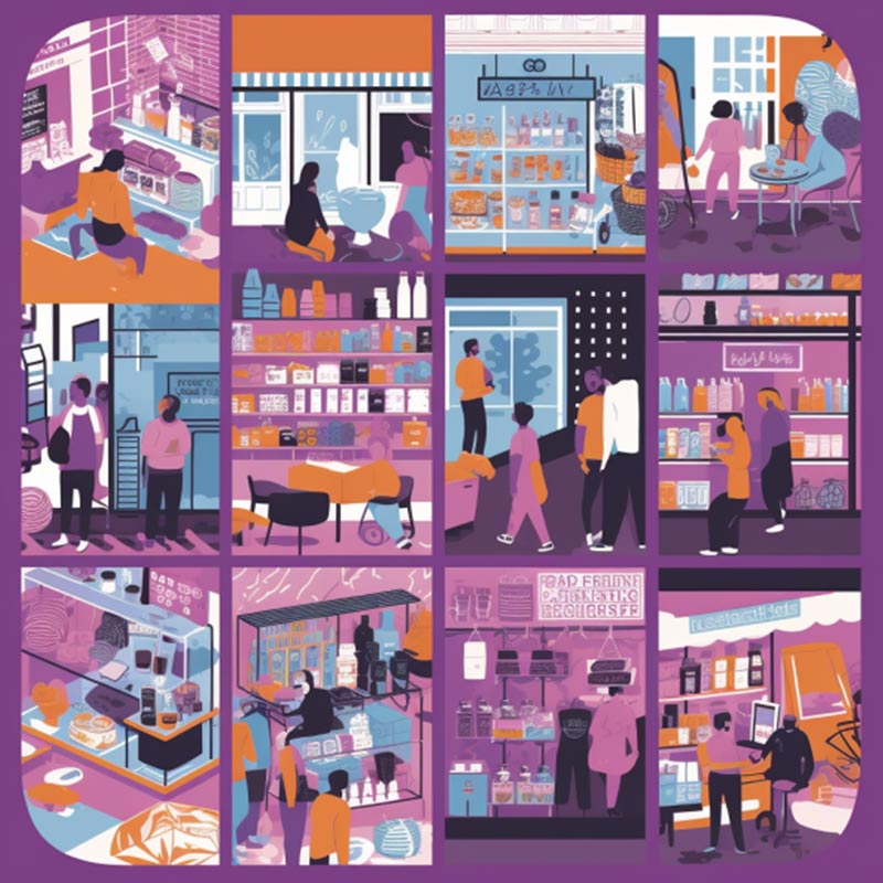 A collage illustration showcasing mental availability through shops and purchasing journeys